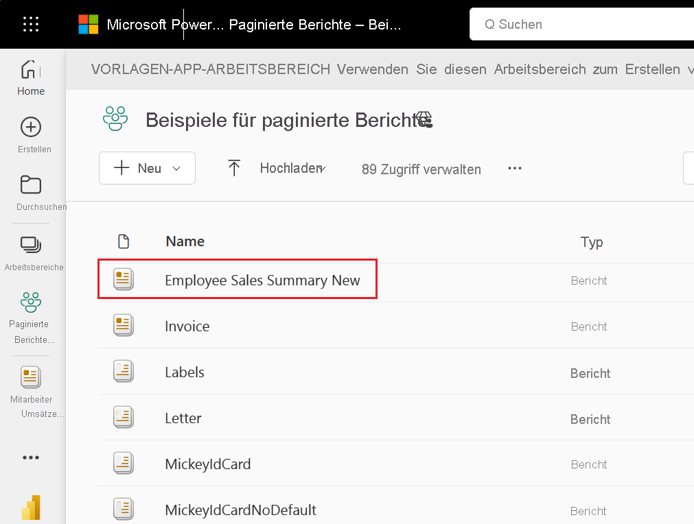 Screenshot of the workspace in the Power BI service and a paginated report highlighted.