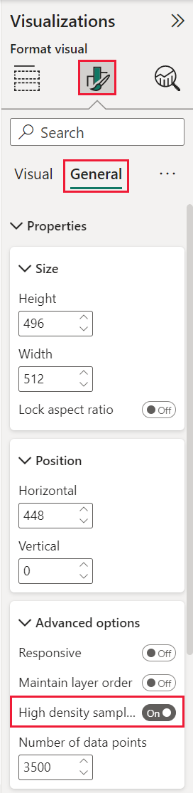 Screenshot of the Visualization menu, showing a pointer to the Format visual pane, General card, and High Density Sampling toggle slider.