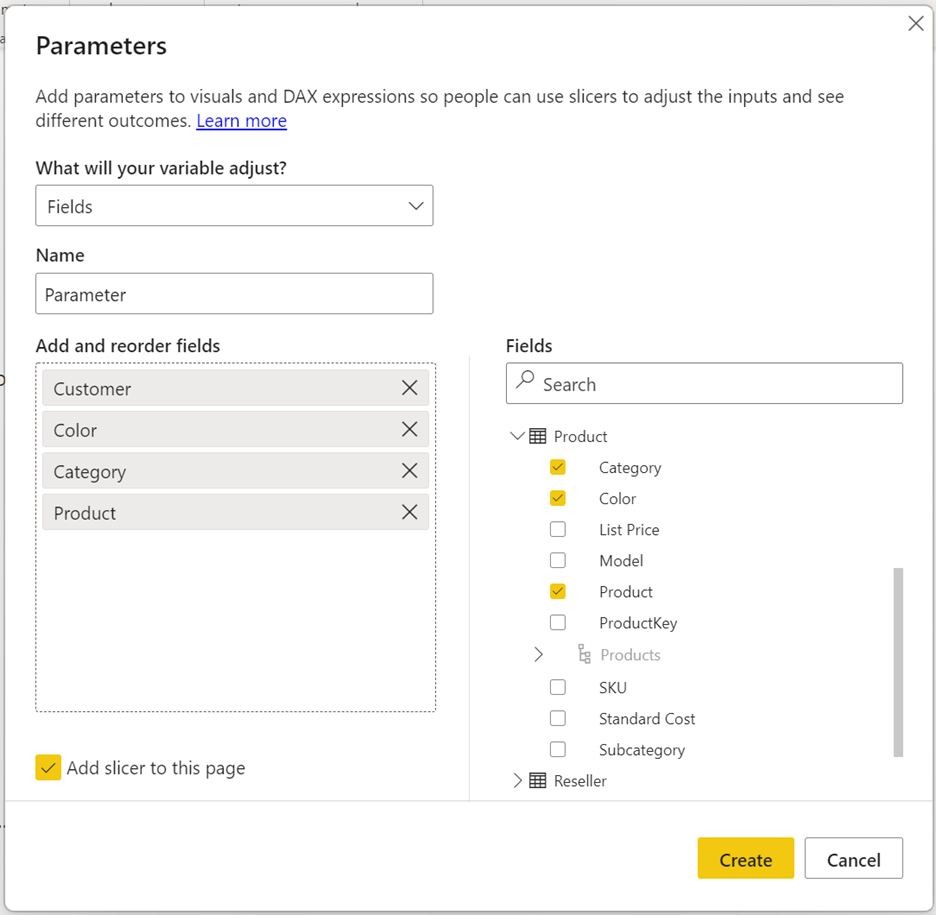 Screenshot des Dialogfelds „Parameter“ mit Auswahl von Kunden, Farben, Kategorien und Produkten.