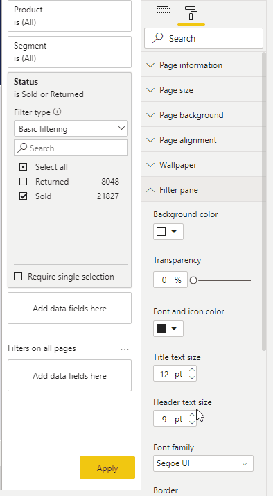 Format the Apply filter button text