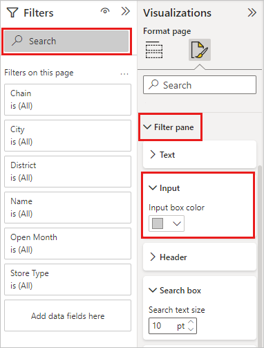 Screenshot shows the option to format the search box in Power BI Desktop.