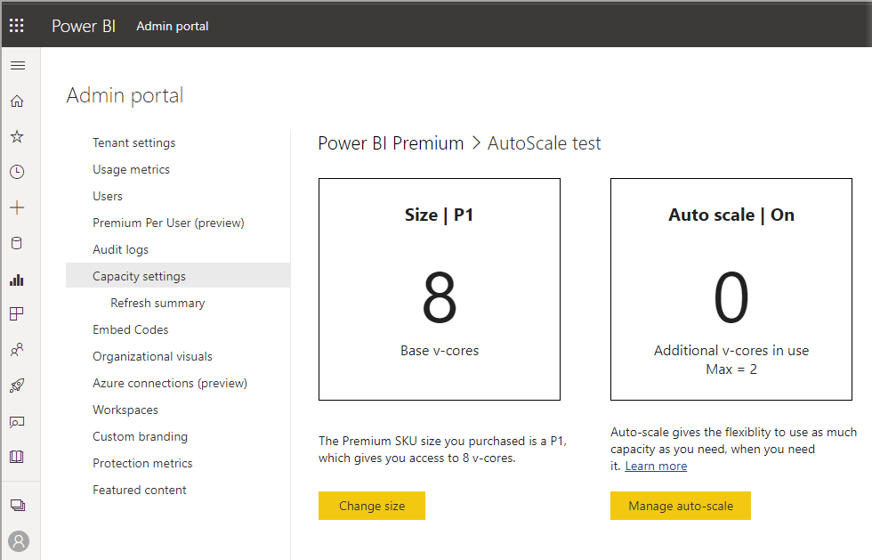 Screenshot der Verwendung von Autoskalierung in Power BI Premium
