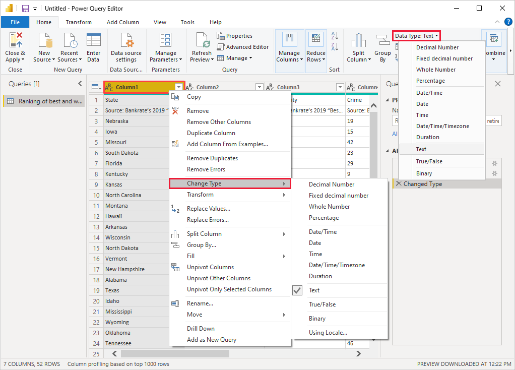 Screenshot of Power B I Desktop showing the change data type option.