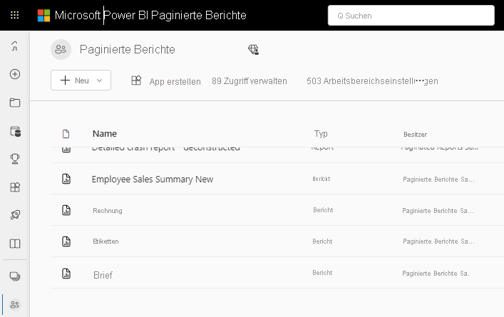 Screenshot showing paginated reports in Power B I service.