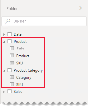 The Fields pane shows both tables expanded, and the columns are listed as fields with Product and Product category called out.