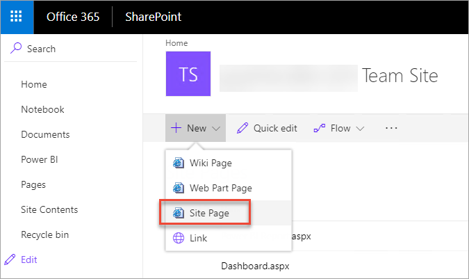 Screenshot: SharePoint-Fenster. „Seiten“ ist im Navigationsbereich hervorgehoben. „Websiteseite“ ist ausgewählt.
