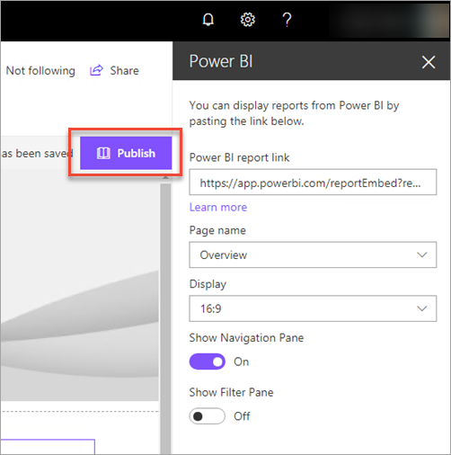 Screenshot Power BI-Berichtslink mit ausgewählter Option „Veröffentlichen“