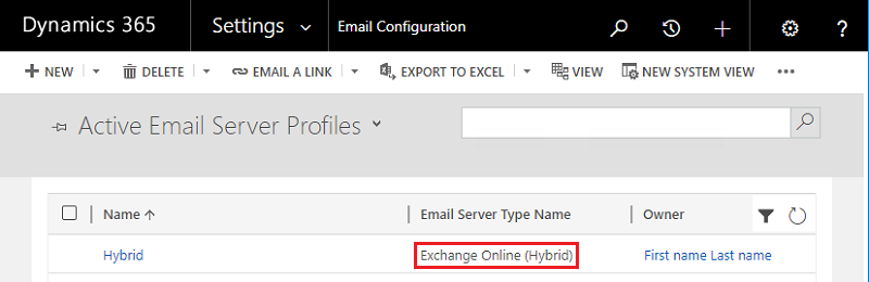 E-Mail-Einstellungen, Aktives E-Mail-Serverprofil - Exchange Online Hybrid)