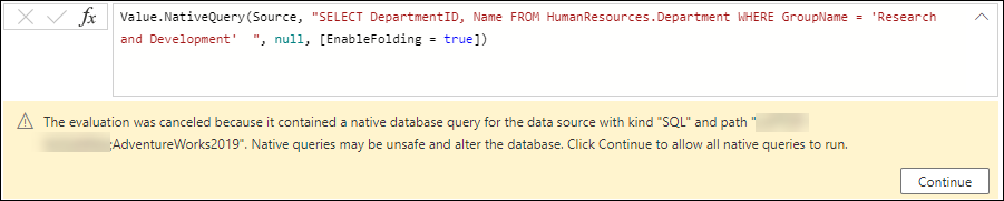 Neue benutzerdefinierte Schrittformel mit der Verwendung der Funktion Value.NativeQuery und der expliziten SQL-Abfrage.