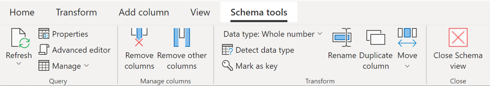 Schemata-Tools ist eine Kontextregisterkarte im Menüband, die in der Schemataansicht mit den am häufigsten verwendeten Transformationen auf Spaltenebene verfügbar ist.