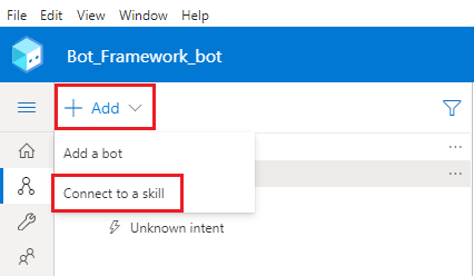 Screenshot des Bot Framework-Composers, der zeigt, wie Sie einen Bot Framework-Bot mit einem Skill verbinden.