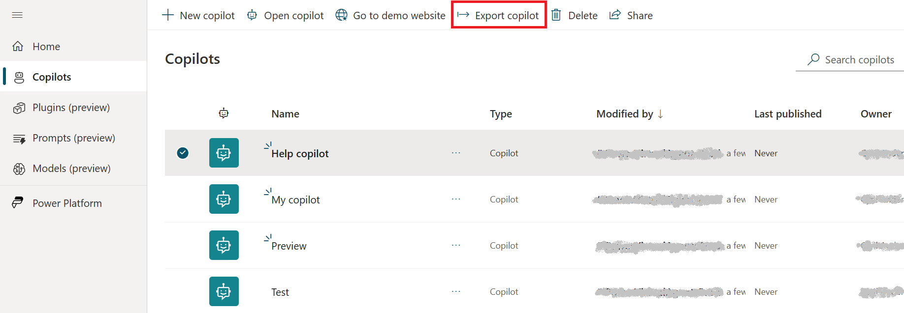 Screenshot der Liste „Copilot exportieren“.