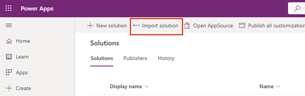 Screenshot der Seite Power Apps Lösungen, auf der die Schaltfläche Lösungen importieren hervorgehoben ist.