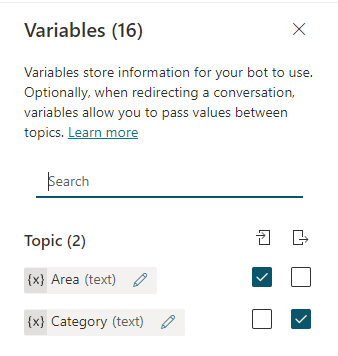 Screenshot des Erstellungsbereichs, der den Variablenbereich mit zwei Variablen und einer ausgewählten Kombination aus Eingabe und Ausgabe zeigt.