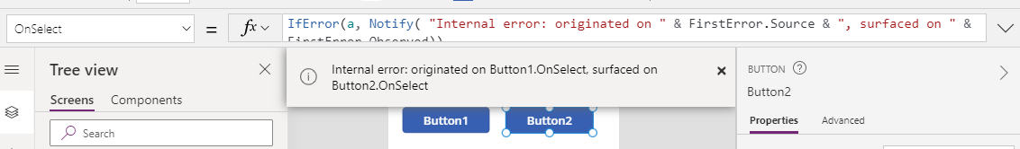 Das Button-Steuerelement ist aktiviert und zeigt eine Benachrichtigung über die Notify-Funktion an.