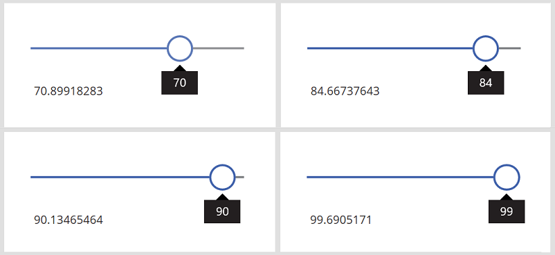 Vier Bildschirme, die ein „Label“-Steuerelement mit vier verschiedenen zufälligen Dezimalwerten für jede der vier Schiebereglereinstellungen anzeigen: 70,899, 84,667, 90,134 und 99,690