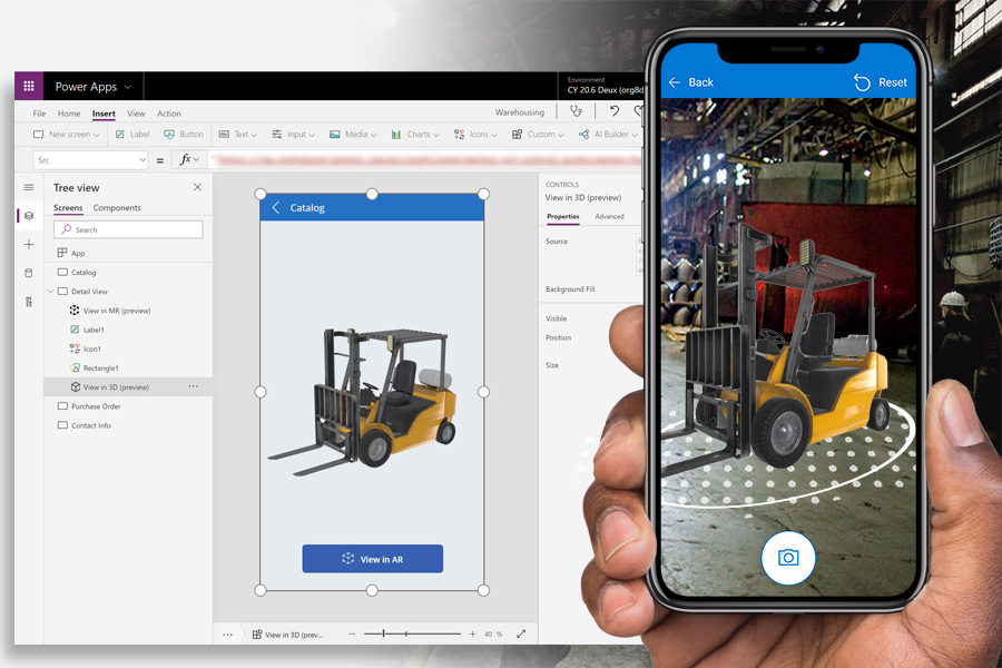 Ein Screenshot einer Telefon-App mit einem im Bau befindlichen 3D-Steuerelement in Microsoft Power Apps Studio neben einem Foto, das die verwendete App zeigt.