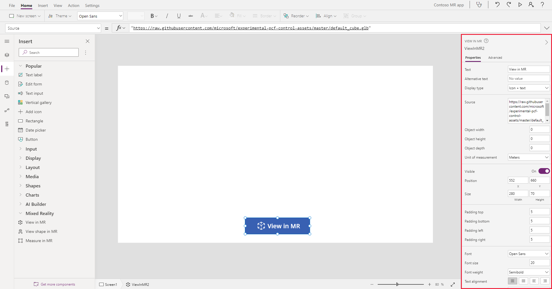 Ein Screenshot einer im Bau befindlichen Schaltfläche „In MR anzeigen“ in Microsoft Power Apps Studio, neben seinen Eigenschaften angezeigt.