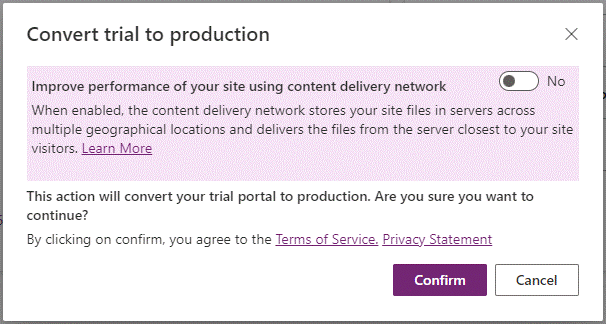 Nachricht, die bestätigt, dass Sie das Content Delivery Network aktivieren wollen, während Sie die Testversion in eine Produktionsversion umwandeln