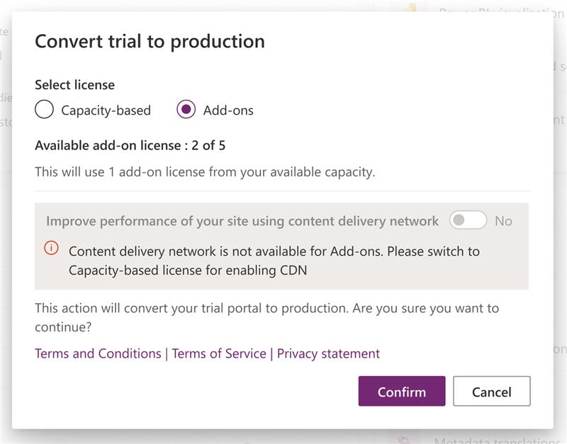 Ein Screenshot der im Power Platform Admin Center enthaltenen Optionen „In Produktion konvertieren“ mit ausgewählter Add-On-Lizenzoption.