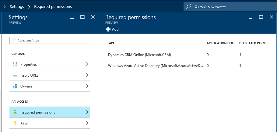 Dynamics 365 permissions applied to application in Azure Active Directory