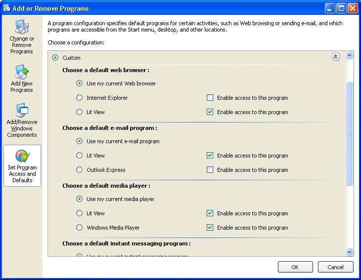 Set Program Access and Defaults custom options