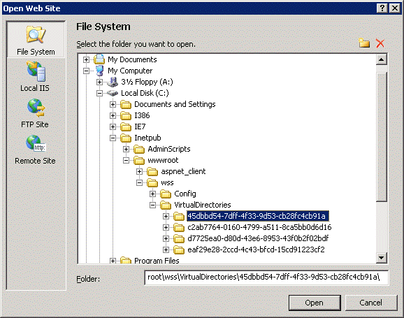 Öffnen der SharePoint-Website über den Visual Studio 2005-Dateipfad