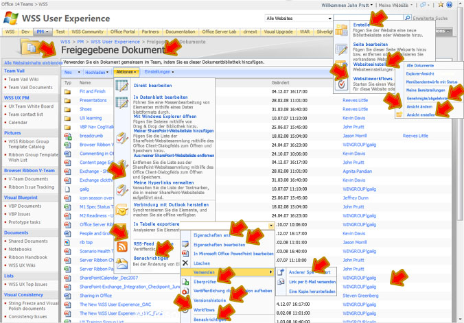 Windows SharePoint Services-Websitemenüs