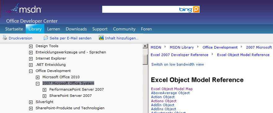 Excel-Objektmodellreferenz auf MSDN