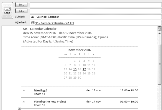 In E-Mail im HTML-Format konvertierte Kalenderliste