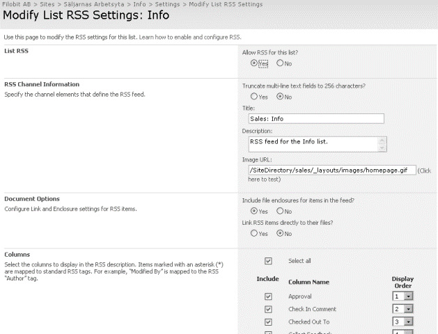 RSS-Konfigurationsseite für die Bibliothek