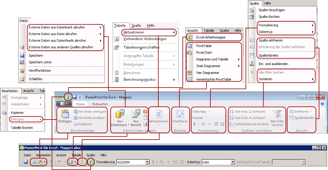 Zuordnen der Registerkarte 'Start' auf dem Menüband zu Windows XP-Menüs