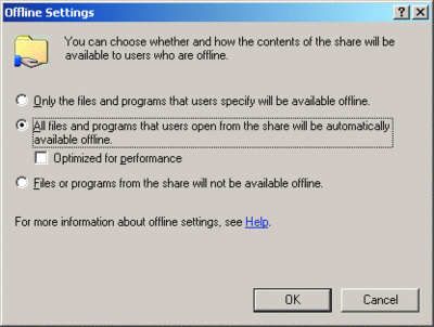 Abbildung 2 Dialogfeld „Offlineeinstellungen“ in Windows Server 2003