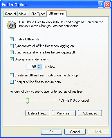 Abbildung 7 Einstellen des Speicherplatzes für Offlinedateien in Windows XP