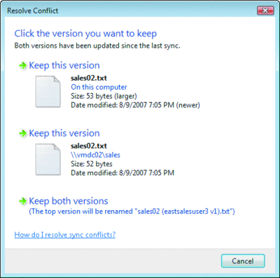 Abbildung 9 Hinweis auf Konflikt bei einer Dateiänderung in Windows Vista
