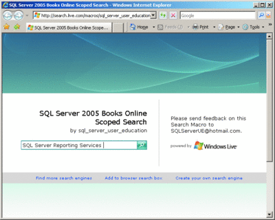 Figure 1 SQL Server Books Online search in Windows Live