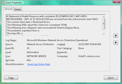 Abbildung 1 Beispiel eines Windows Vista-NAP-Clientereignisses