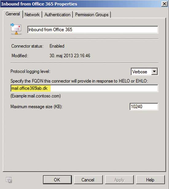 The Hybrid Configuration wizard creates the new Inbound from Office 365 Receive Connector.
