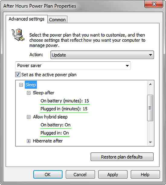 Figure 2 The Power Saver Power Plan is best for after hours
