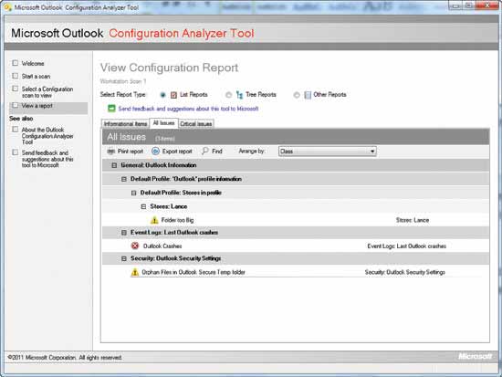 The Microsoft Outlook Configuration Analyzer Tool will report on and sort issues by severity.