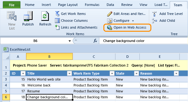 Open a work item in TWA from Excel
