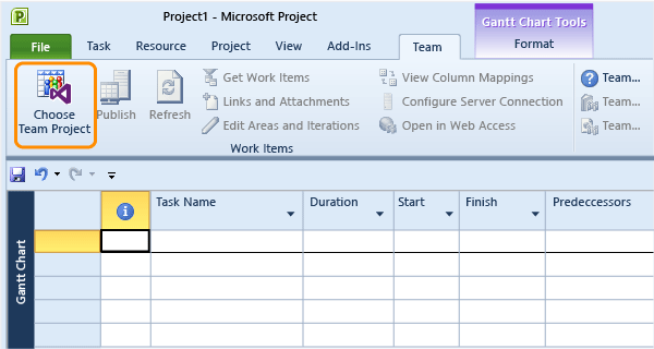 Connect to a team project from Microsoft Project