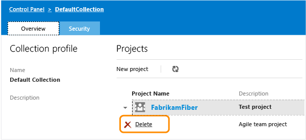 Delete link in context menu for team project