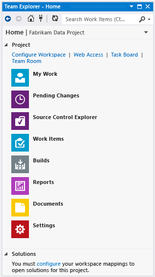 Team Explorer Home page w/ TFVC as source control