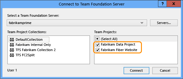 Connect to Team Foundation Server dialog box