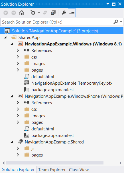 Dateien im neuen Projekt "Navigationsanwendung".