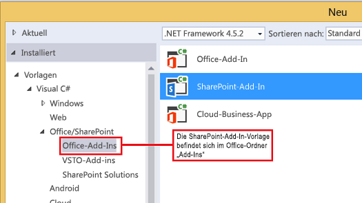 Speicherort der Visual Studio-Vorlage „SharePoint-Add-In“
