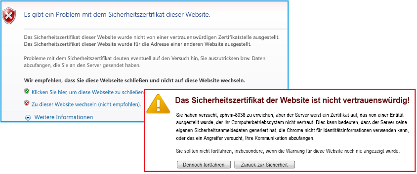 IE- und Chrome-Warnmeldungen bei selbstsigniertem Zertifikat