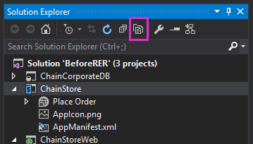 Symbolleiste im Projektmappen-Explorer mit einem Kästchen um die Schaltfläche „Alle Dateien anzeigen“