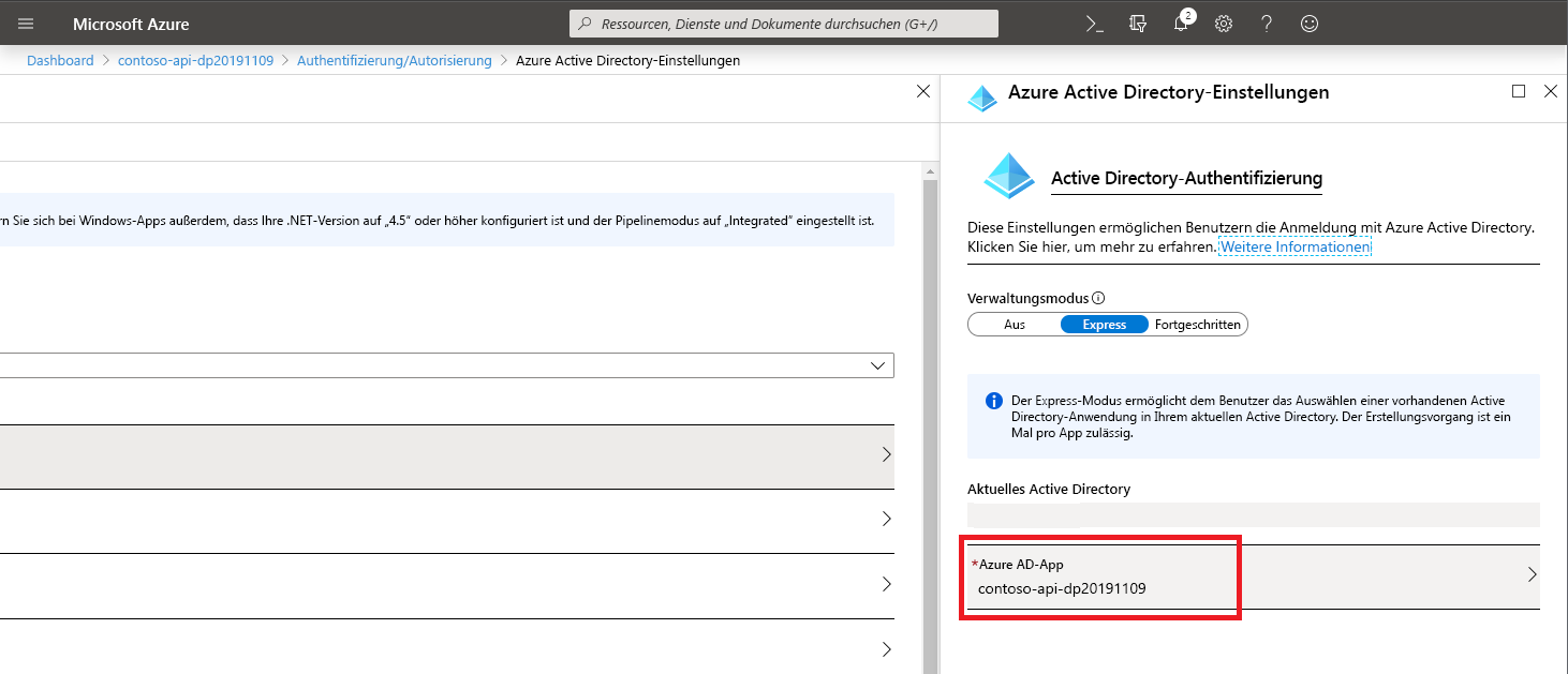 Die Schaltfläche „Anwendung verwalten“ auf dem Blatt „Azure Active Directory-Einstellungen“